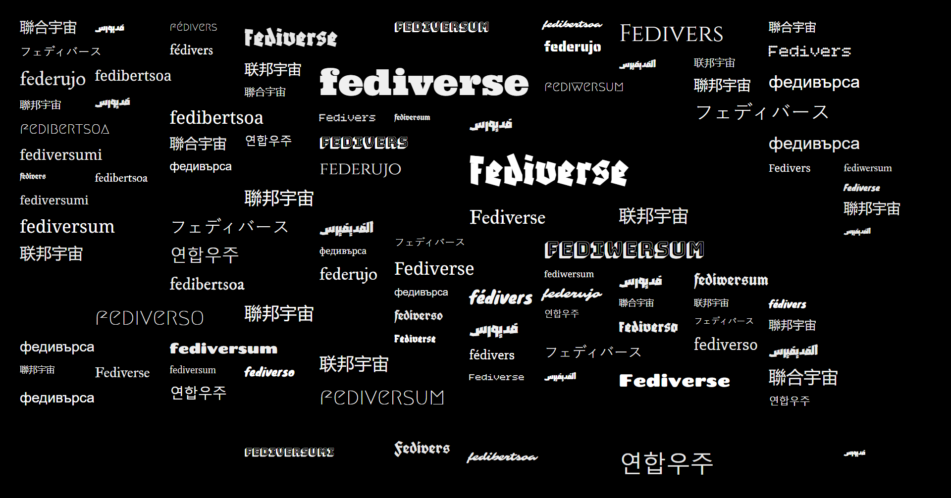 The word "fediverse" translated into multiple languages, laid out in a large grid, written in various fonts and font sizes, in white color on a black background.
