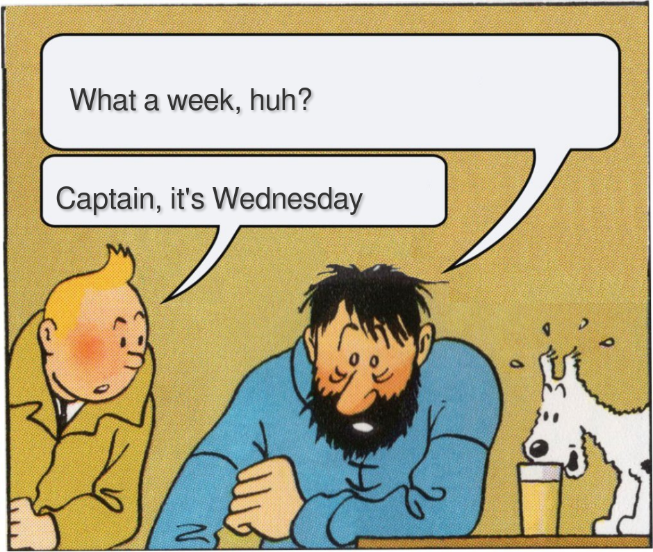 A panel from the "The Adventures of Tintin" comics featuring the titular character Tintin, a young man with blonde hair wearing a brown trench coat, and Captain Archibald Haddock, a retired merchant sailor with dark bushy hair and a full-grown beard. They are both sitting at a table having a conversation, while Tintin's dog Snowy, a white Wire Fox Terrier, looks on, startled.
Captain Haddock: "What a week, huh?"
Tintin: "Captain, it's Wednesday"